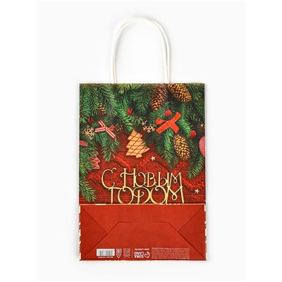 Пакет бумажный подарочный новогодний крафт «Новогодняя атмосфера» 18×8×25 см