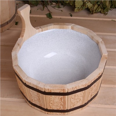 Шайка - ушат для бани и сауны «Русский узор», 4 л, деревянная, пластиковая вставка, «Добропаровъ»