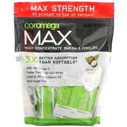 Coromega, Max High Concentrate Omega-3 Fish Oil, Coconut Bliss, 90 Squeeze Shots, 2.5 g Each