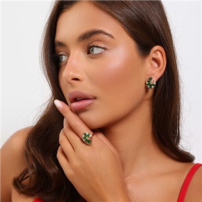 Комплект ювелирной бижутерии коллекция "Дубай" серьги и кольцо 16 р, покрытие позолота, вставка: фианиты, цвет: изумрудно-зеленый и прозрачный, арт.215.480-16