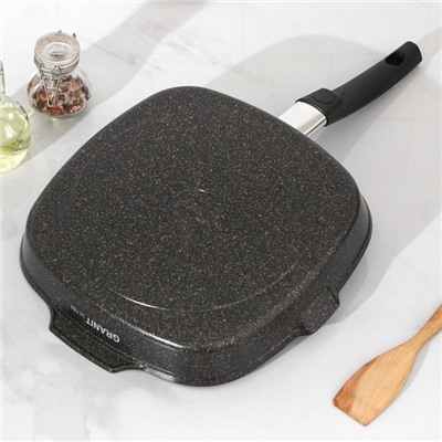 Сковорода-гриль KUKMARA Granit ultra, 28×28 см, квадратная, съёмная ручка, стеклянная крышка, антипригарное покрытие, алюминий, чёрная