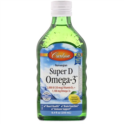 Carlson Labs, Norwegian Super D Omega-3 с натуральным вкусом лимона, 250 мл (8,4 жидких унции)