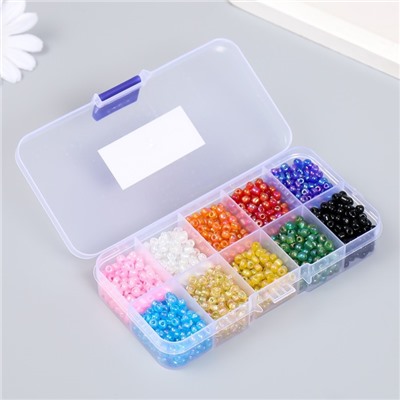 Бисер стекло 6/0 в шкатулке 10 делений «Разноцветный», 1 деление=10 г, 12.8×6.5×2.2 см
