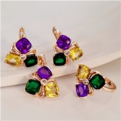 Комплект ювелирная бижутерия коллекция  "Дубай" серьги, кулон и кольцо 18 р, покрытие: позолота, вставка: фианиты, цвет: фиолетовый, зеленый и желтый, арт.313.134-18