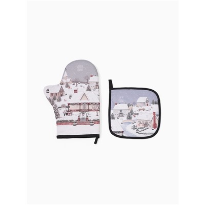Набор кухонный «Этель» Winter village, варежка-прихватка 20×28 см, прихватка 19×19 см
