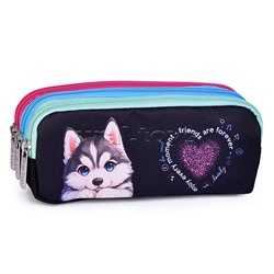 Пенал "Cute Husky" 21x8,5x5,5 см, прямоугольный для 60 предметов, плотный износостойкий полиэстер с водоотталкивающей пропиткой, 3 отделения на молнии, с молниями 3-х цветов