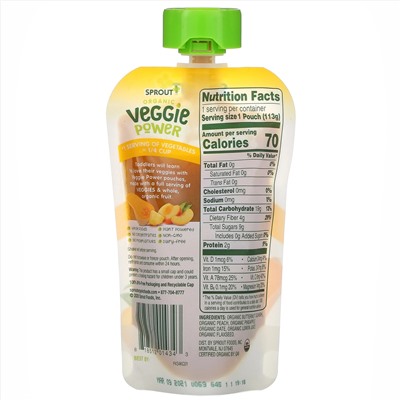 Sprout Organic, Veggie Power, Butternut Squash with Peach & Pineapple, 4 oz ( 113 g)