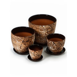 Набор горшков для цветов «Витраж», 4 шт., с поддоном, 0.4 / 1 / 2.5 / 5 л, керамика, коричневые с рисунком