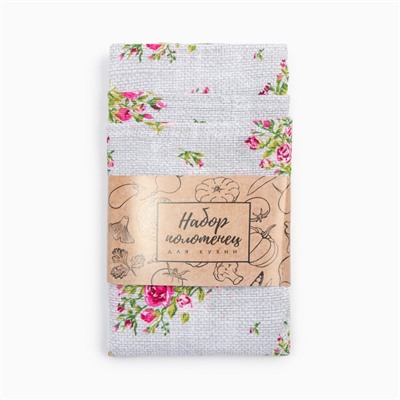 Набор кухонных полотенец Доляна Roses on linen 35×60 см - 3 шт., 100% хлопок, рогожка 164 г/м²