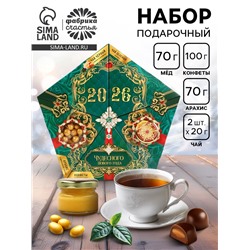 Подарочный набор новогодний «Время чудес»: чай зеленый, чай чёрный, арахис в глазури, конфеты, крем - мёд