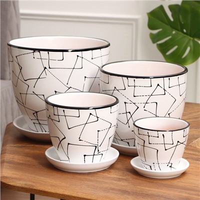 Набор горшков для цветов «Иллюзия», 4 шт., с поддоном, 0.4 / 1 / 2.5 / 5 л, керамика, белые с чёрным орнаментом