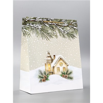 Пакет подарочный новогодний ламинированный, «Новогодний домик», 26×12×32 см