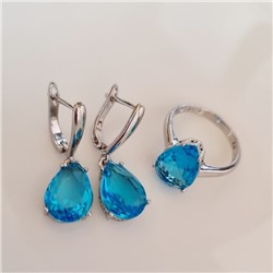 Комплект ювелирная бижутерия серьги и кольцо 17 р, покрытие: посеребрение, вставка: фианит, цвет: голубой, арт.313.082-17
