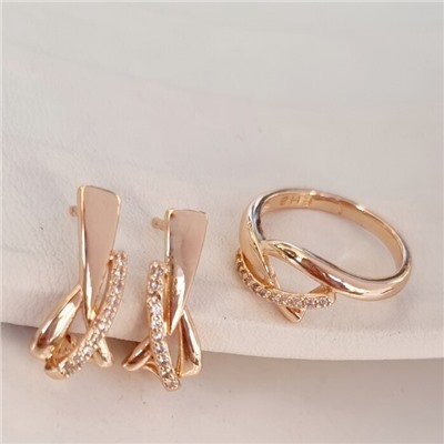 Комплект ювелирной бижутерии коллекция "Дубай" серьги и кольцо 17 р, покрытие позолота, вставка: фианиты, цвет: прозрачный, арт.314.835-17