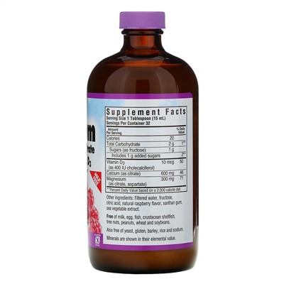 Bluebonnet Nutrition, Жидкий кальция и магния цитрат плюс витамин D3, натуральный малиновый вкус, 16 жидких унций (472 мл)
