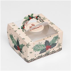Коробка под бенто - торт с окном «Новогодняя с шишками», 14×14×8 см
