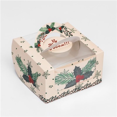 Коробка под бенто - торт с окном «Новогодняя с шишками», 14×14×8 см