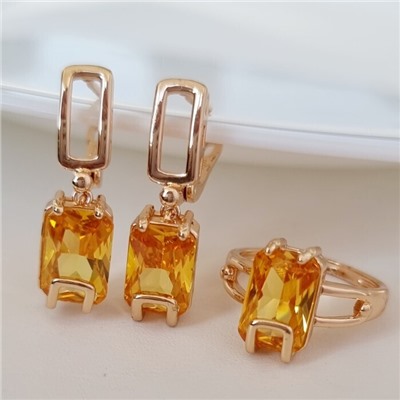 Комплект ювелирная бижутерия коллекция  "Дубай" серьги и кольцо 19 р, покрытие: позолота, вставка: фианиты, цвет: желтый, арт.217.305-19