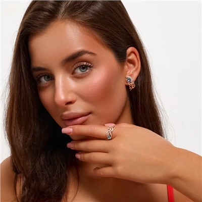 Комплект ювелирная бижутерия коллекция  "Дубай" серьги и кольцо 19 р, покрытие: позолота, вставка: фианиты, цвет: голубой и прозрачный, арт.217.300-19