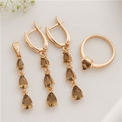 Комплект ювелирной бижутерии коллекция "Дубай" серьги, кулон и кольцо 20 р, покрытие позолота, вставка: фианиты, цвет: коричневый, арт.414.313-20