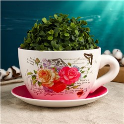 Горшок для цветов в форме чашки «Блум» керамический, с поддоном, 2.2 л, 19×24×12 см, белый, розовый, Greengo