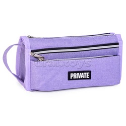 Пенал "Private" 21x10x7,5 см, прямоугольный для 60 предметов, текстильный, на молнии, 2 наружных объемных кармана на молнии, органайзер, с аппликацией из каучука, с ручкой-петлей, сиреневый