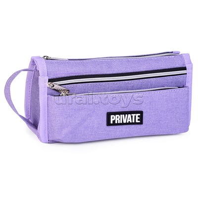Пенал "Private" 21x10x7,5 см, прямоугольный для 60 предметов, текстильный, на молнии, 2 наружных объемных кармана на молнии, органайзер, с аппликацией из каучука, с ручкой-петлей, сиреневый