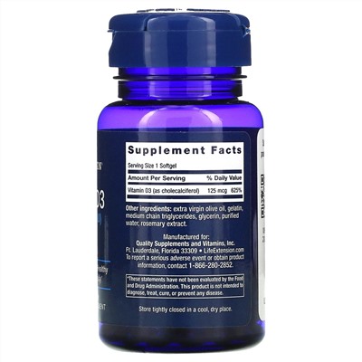 Life Extension, витамин D3, 125 мкг (5000 МЕ), 60 капсул