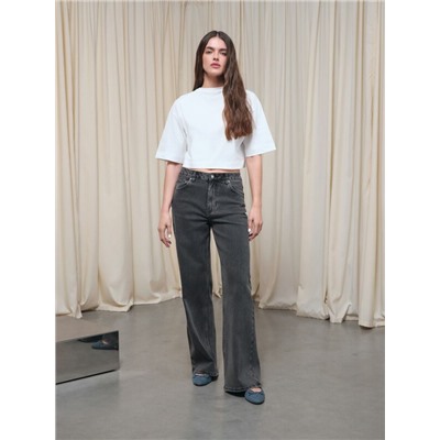 Актуальная коллекция CONTE CON-802 Чёрные джинсы wide leg с эффектом потёртостей и двойными шлёвками