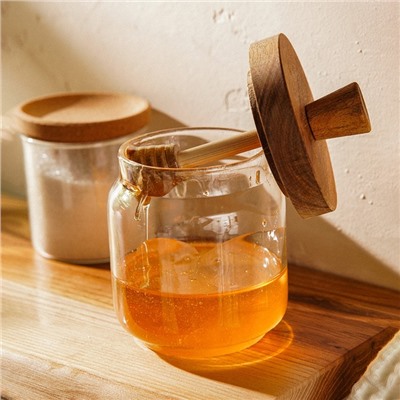 Баночка для мёда SL Home «Южная акация», 450 мл, 9×13.5 см, с крышкой и ложкой, стекло, прозрачная