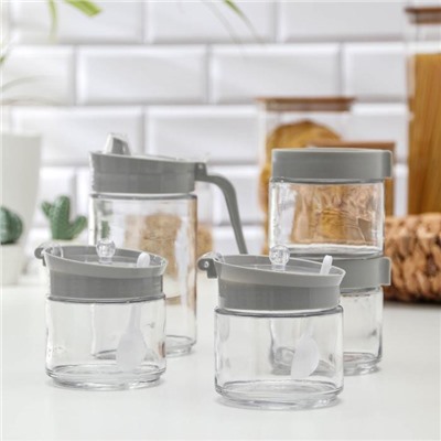 Набор ёмкостей для сыпучих продуктов «Модерн», 5 шт., с кувшином для масла, стекло, серый