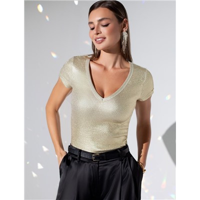 Футболка облегающая из хлопка в рубчик с V вырезом и матовым покрытием металлик