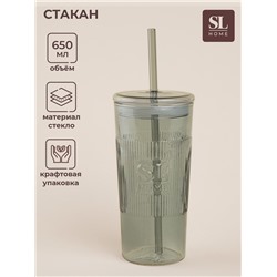 Стакан SL Home «Идиллия», 650 мл, 8.5×24 см, стекло, с трубочкой, зелёный