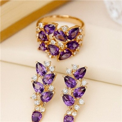 Комплект ювелирная бижутерия коллекция  "Дубай" серьги и кольцо 20 р, покрытие: позолота, вставка: фианиты, цвет: фиолетовый и прозрачный, арт.313.043-20