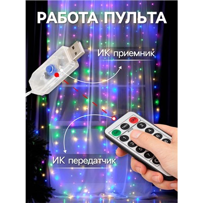 Гирлянда «Занавес» 2.8×3 м роса на крючках, с пультом, IP20, серебристая нить, 300 LED, свечение мульти, 8 режимов, USB