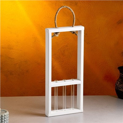 Кашпо деревянное, 18×5×40 см, 3 колбы, ручка - верёвка, белое