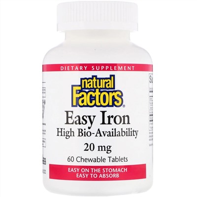 Natural Factors, Железо, 20 мг, 60 жевательных таблеток