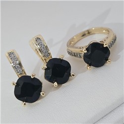 Комплект ювелирной бижутерии Итальянское золото (покрытие желтое 14к) серьги и кольцо 19 р, вставка: фианиты и цирконы, цвет: черный и прозрачный, арт.217.383-19