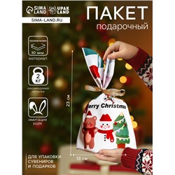Пакет полиэтиленовый подарочный новогодний, с ушками Merry Christmas, 13×21.5 см