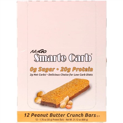 NuGo Nutrition, Smarte Carb Bar, Peanut Butter Crunch, 12 Bars, 1.76 oz (50 g) Each