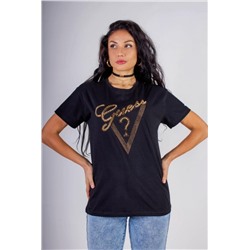Футболка "Guess" с треугольником стразы, камешки, бусины (Черный)