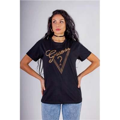 Футболка "Guess" с треугольником стразы, камешки, бусины (Черный)