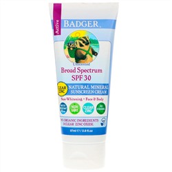 Badger Company, натуральный минеральный солнцезащитный крем, чистый цинк, SPF 30, без запаха, 87 мл (2,9 жидк. унции)