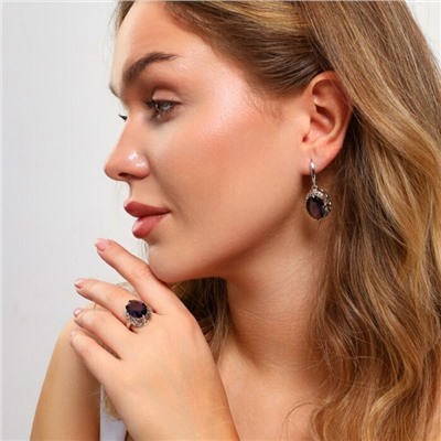 Комплект ювелирной бижутерии с крупным камнем серьги и кольцо 19 р, цвет: фиолетовый, арт.213.915-19