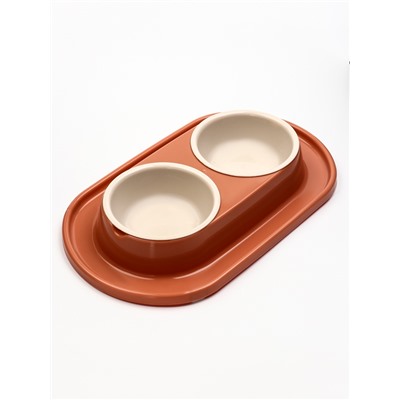 Миска двойная для животных «Мур-мяу», 300 мл, на подставке, пластик, цвет кирпичный