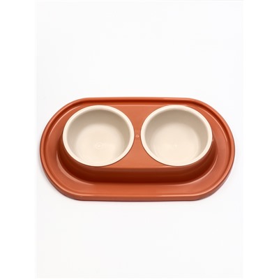 Миска двойная для животных «Мур-мяу», 300 мл, на подставке, пластик, цвет кирпичный