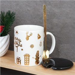 Кружка новогодняя с крышкой, ложка /300 мл/ HB-074 /уп 60/