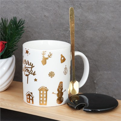 Кружка новогодняя с крышкой, ложка /300 мл/ HB-074 /уп 60/