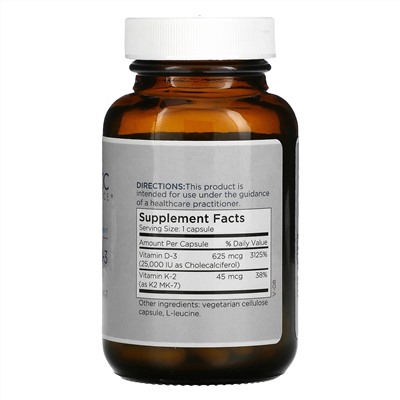Metabolic Maintenance, Vitamin D-3 with Vitamin K2 MK-7, 25,000 IU, 60 Capsules