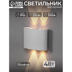 Светильник фасадный «Полусфера», 4 Вт, 3000К, 2 луча, IP65, 220 В, пластиковый корпус, белый, свечение тёплое белое